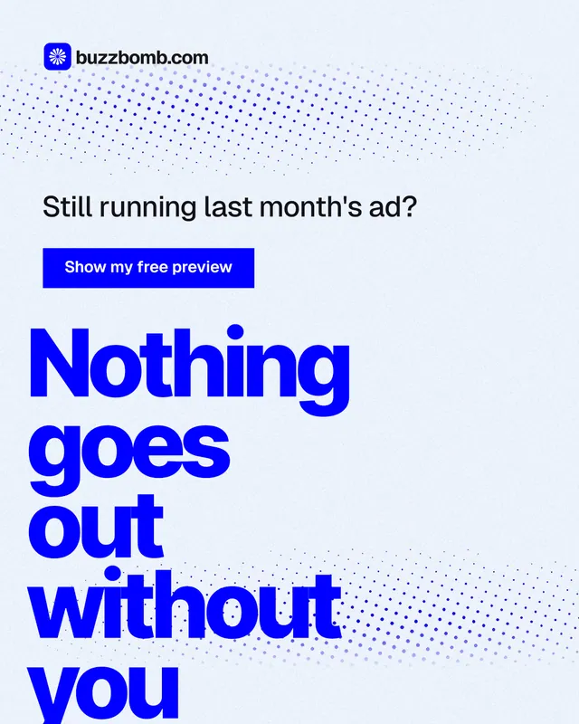 Instagram portrait post for BuzzBomb: "Nothing goes out without you". Swiss style, oversized layout, light palette in white, blue.