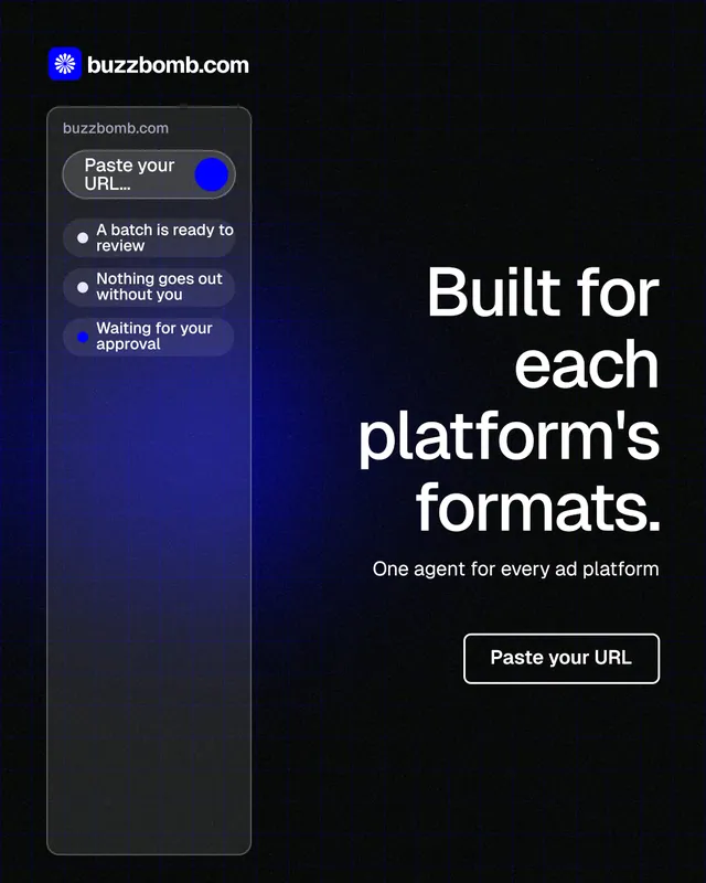Instagram portrait post for BuzzBomb: "Built for each platform's formats." Phosphor atlas style, right layout, dark palette in black, blue, grey.