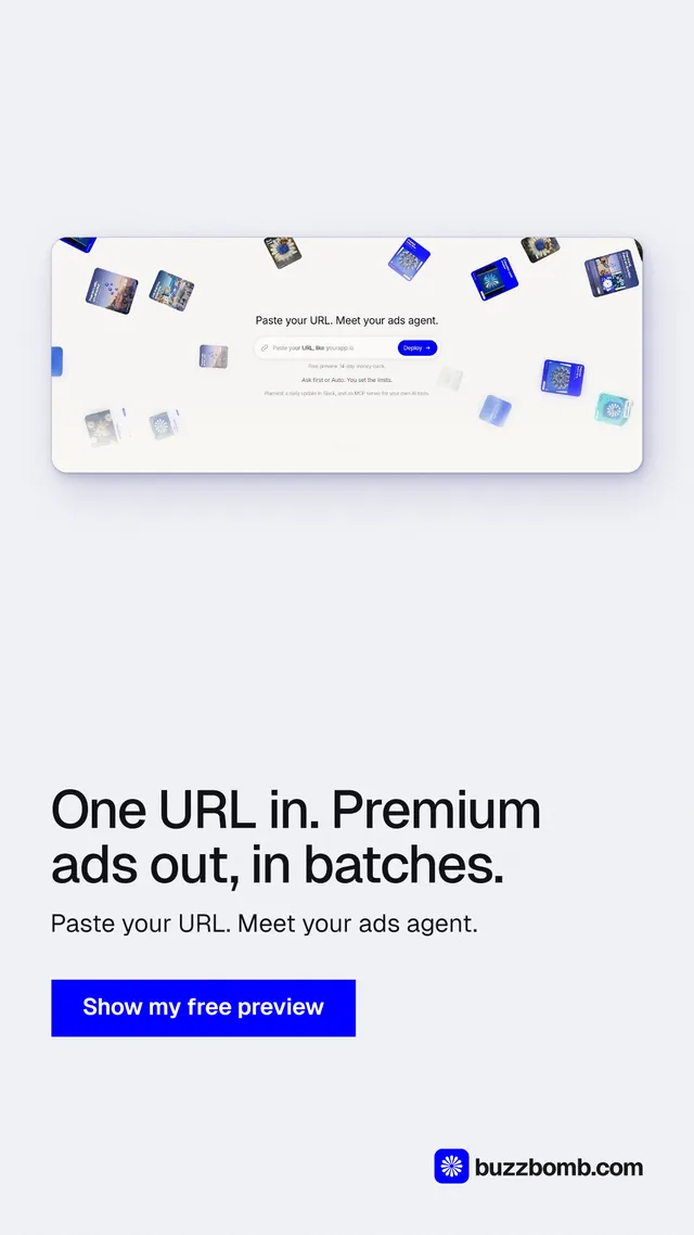 Instagram story for BuzzBomb: "One URL in. Premium ads out, in batches." Swiss style, bottom layout, light palette in white, blue.