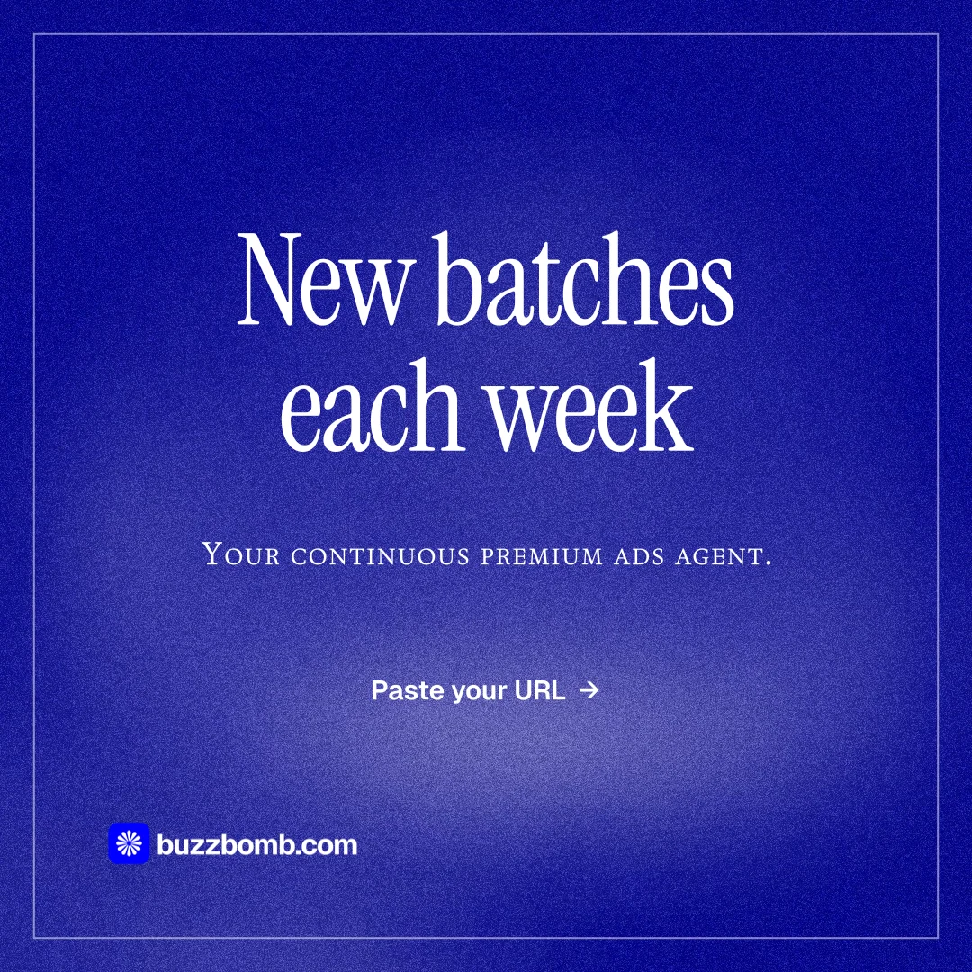 Instagram post for BuzzBomb: "New batches each week". Editorial style, smallcaps layout, dark palette in blue.