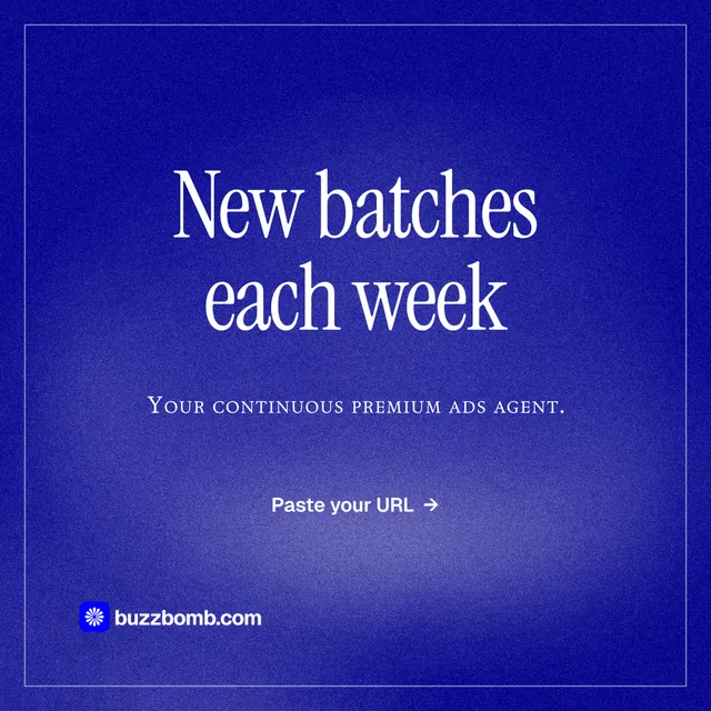 Instagram post for BuzzBomb: "New batches each week". Editorial style, smallcaps layout, dark palette in blue.