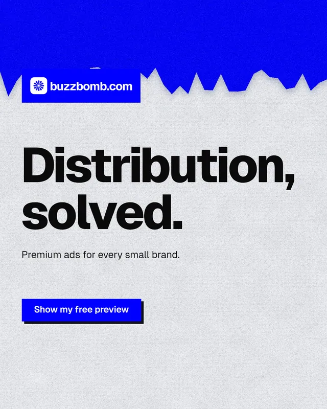 Instagram portrait post for BuzzBomb: "Distribution, solved." Paper trio style, announce layout, light palette in white, blue.