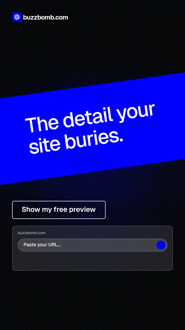 Instagram story for BuzzBomb: "The detail your site buries." Phosphor atlas style, diagonal layout, dark palette in black, blue.