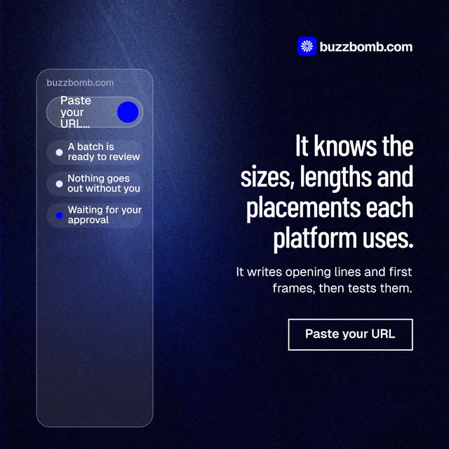 Instagram post for BuzzBomb: "It knows the sizes, lengths and placements each platform uses." Dark deco style, right layout, dark palette in blue, black.