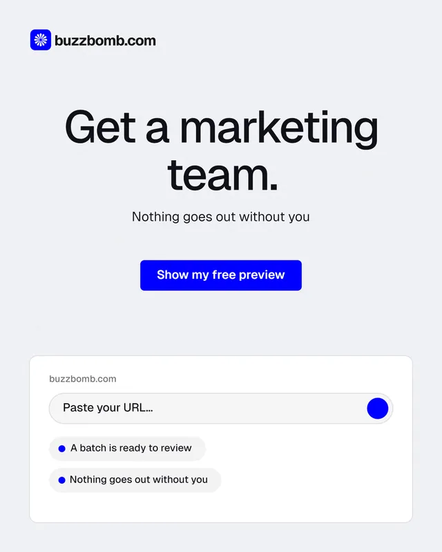 Instagram portrait post for BuzzBomb: "Get a marketing team." Data card style, centred layout, light palette in white, blue.