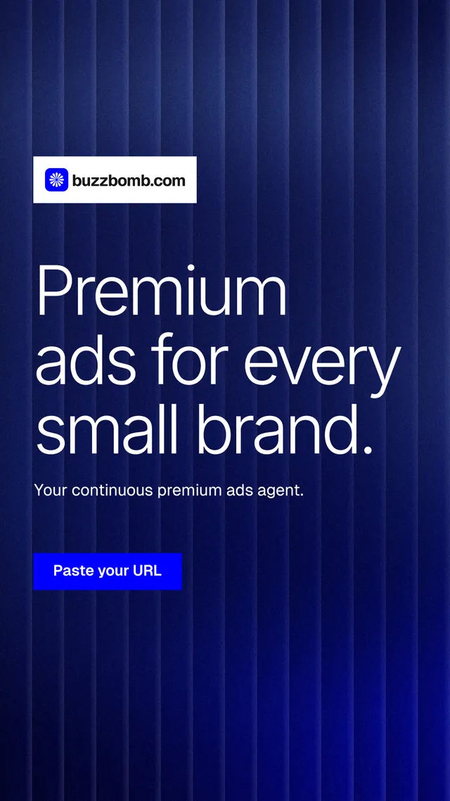 Instagram story for BuzzBomb: "Premium ads for every small brand." Swiss style, announce layout, dark palette in blue, grey.