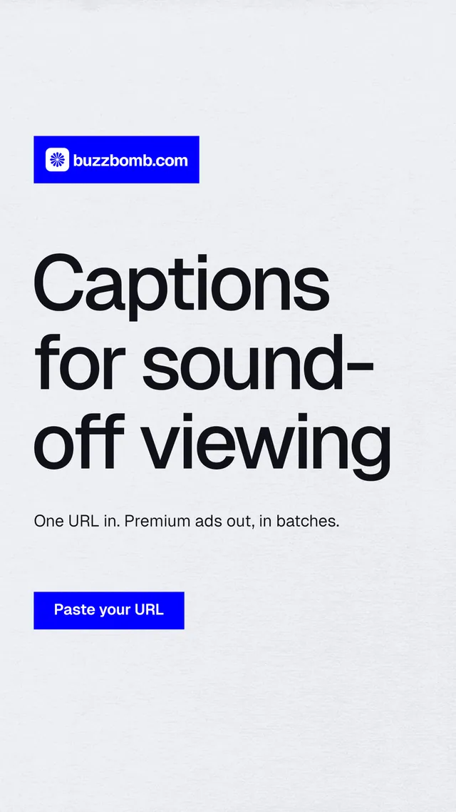 Instagram story for BuzzBomb: "Captions for sound-off viewing". Swiss style, announce layout, light palette in white, blue.