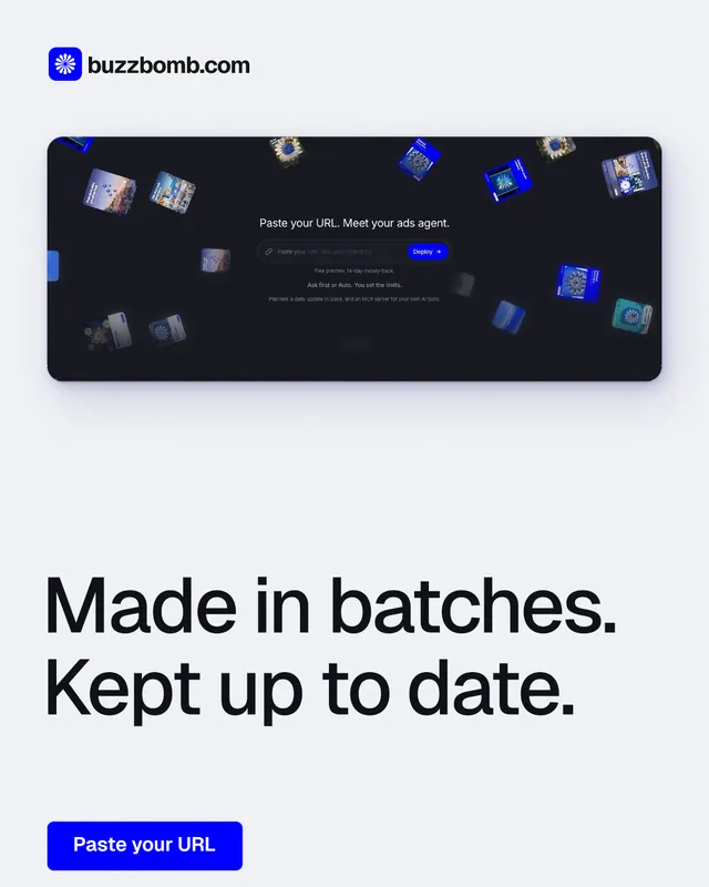 Instagram portrait post for BuzzBomb: "Made in batches. Kept up to date." Data card style, bottom layout, light palette in white, blue, grey.