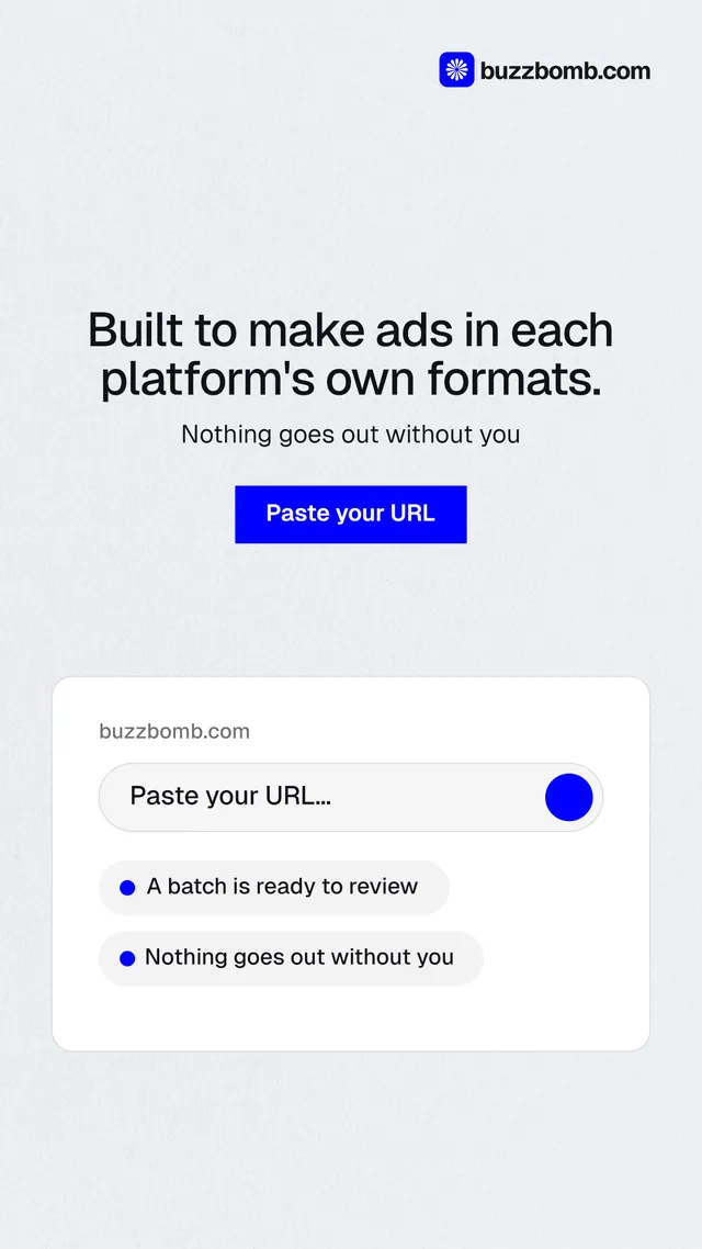 Instagram story for BuzzBomb: "Built to make ads in each platform's own formats." Swiss style, centred layout, light palette in white, blue.