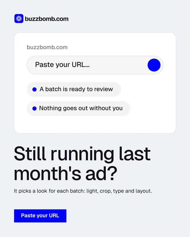 Instagram portrait post for BuzzBomb: "Still running last month's ad?" Swiss style, bottom layout, light palette in white, blue.