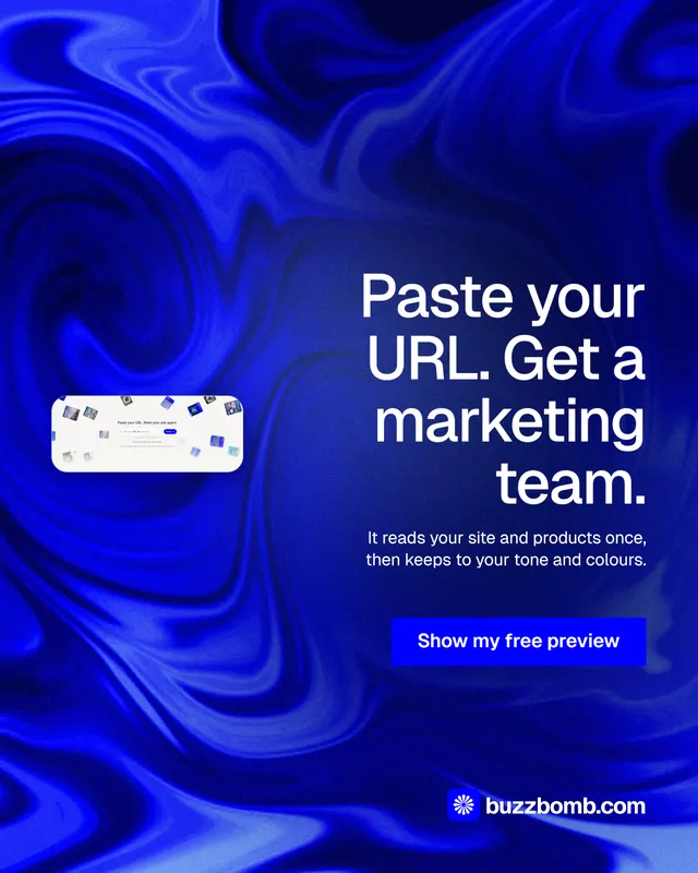 Instagram portrait post for BuzzBomb: "Paste your URL. Get a marketing team." Swiss style, right layout, dark palette in blue.