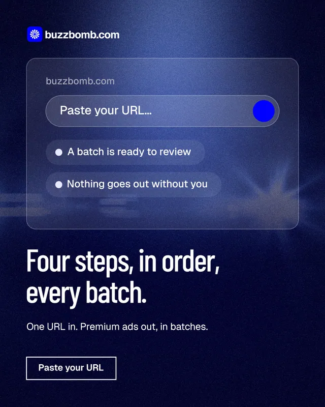 Instagram portrait post for BuzzBomb: "Four steps, in order, every batch." Dark deco style, bottom layout, dark palette in blue, black.