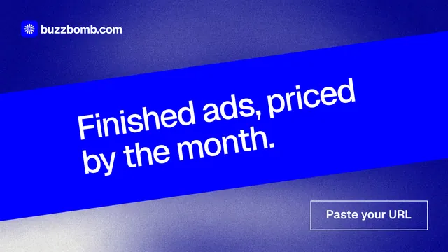 Landscape graphic for BuzzBomb: "Finished ads, priced by the month." Cyanotype style, diagonal layout, dark palette in blue.