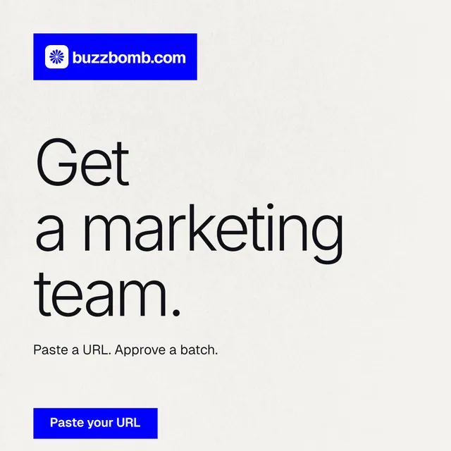 Instagram post for BuzzBomb: "Get a marketing team." Swiss style, announce layout, light palette in white, blue.