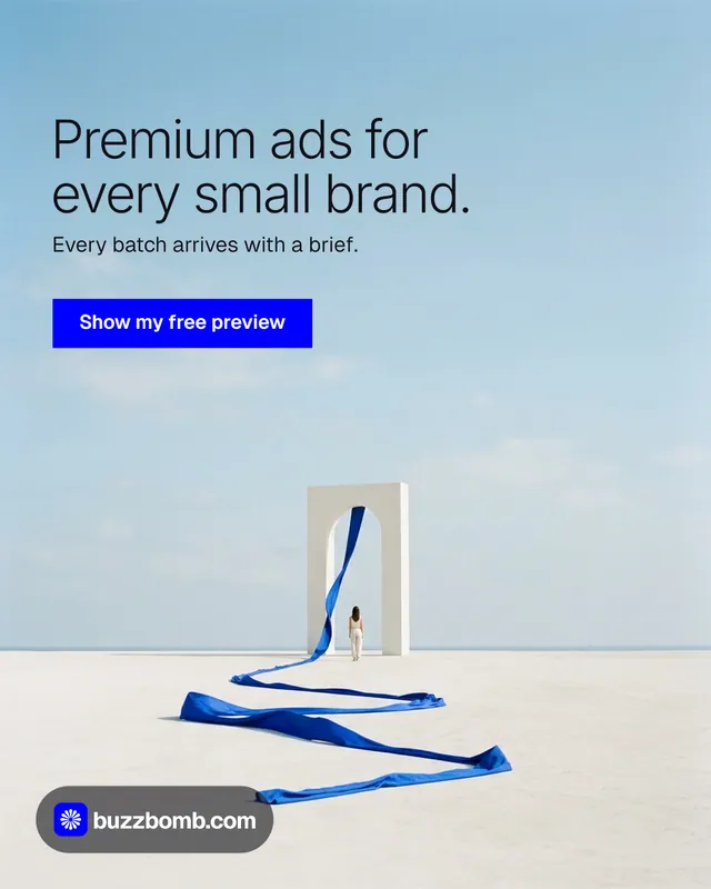 Instagram portrait post for BuzzBomb: "Premium ads for every small brand." Swiss style, bottom layout, light palette in blue, white.