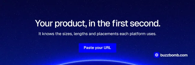 X header for BuzzBomb: "Your product, in the first second." Swiss style, centred layout, dark palette in blue.