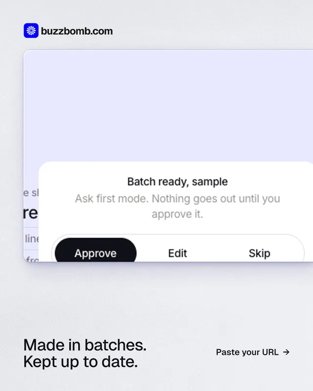 Instagram portrait post for BuzzBomb: "Made in batches. Kept up to date." Swiss style, image led layout, light palette in white.