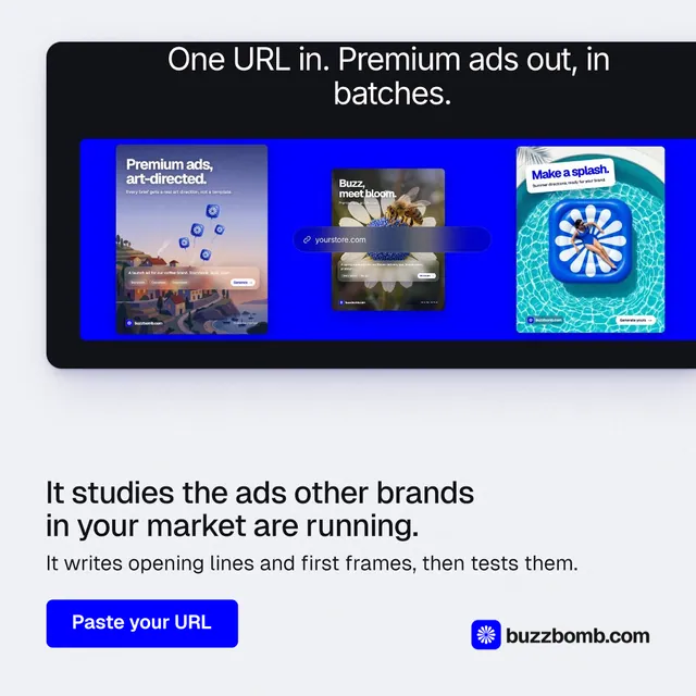 Instagram post for BuzzBomb: "It studies the ads other brands in your market are running." Data card style, bottom layout, light palette in white, blue, grey.