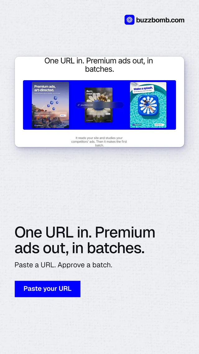 Instagram story for BuzzBomb: "One URL in. Premium ads out, in batches." Swiss style, bottom layout, light palette in white, blue.