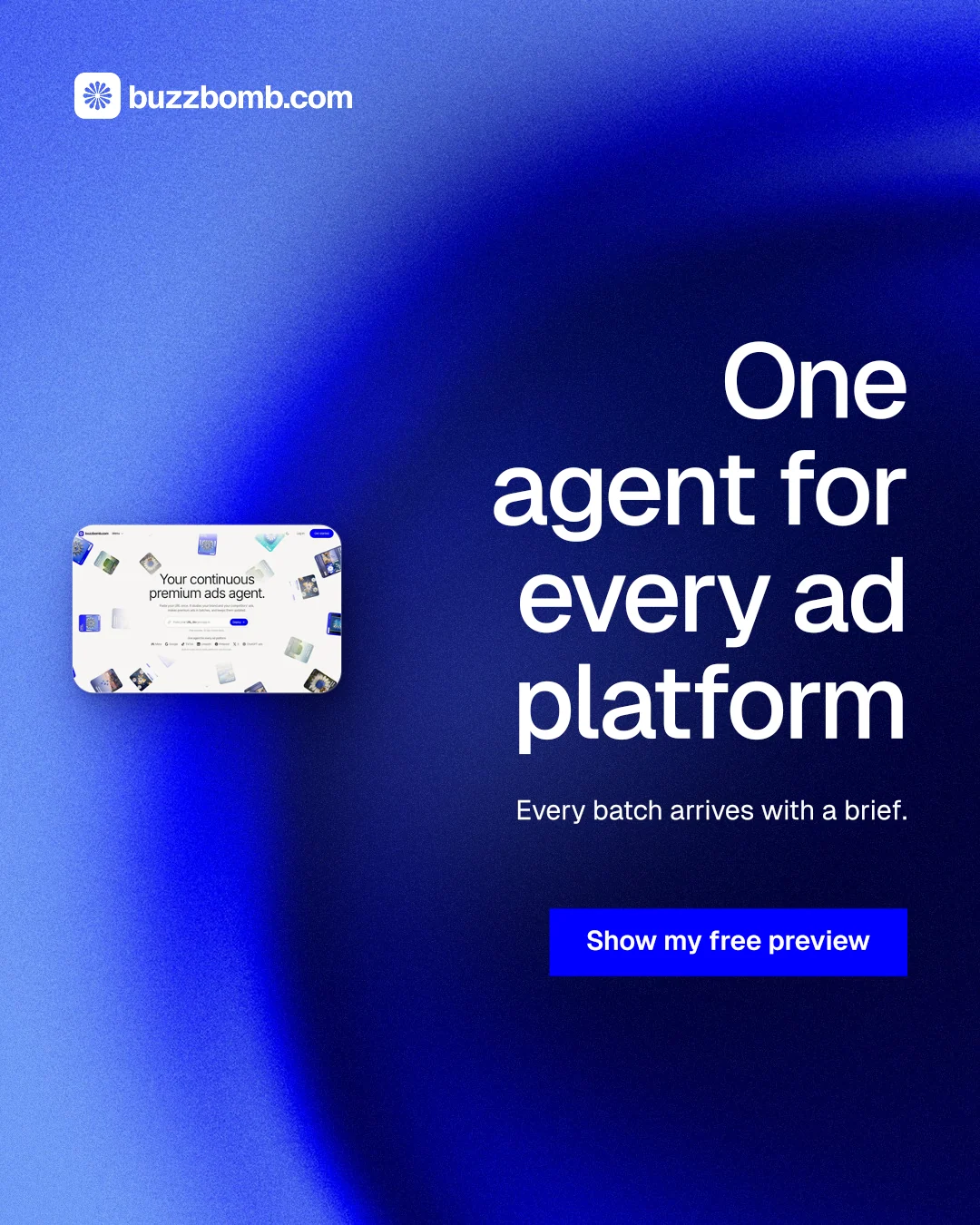 Instagram portrait post for BuzzBomb: "One agent for every ad platform". Swiss style, right layout, dark palette in blue.