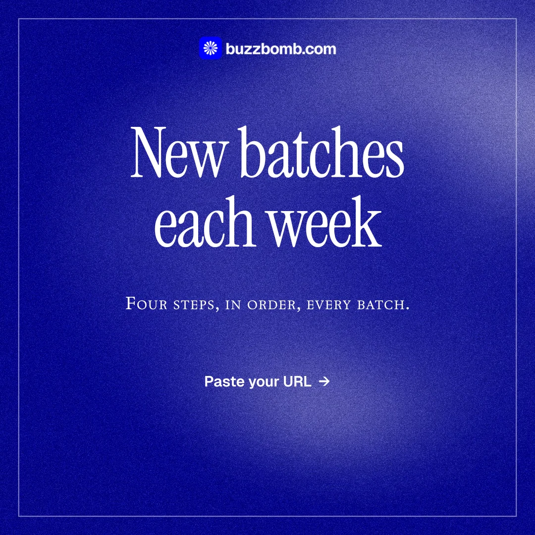 Instagram post for BuzzBomb: "New batches each week". Editorial style, smallcaps layout, dark palette in blue.