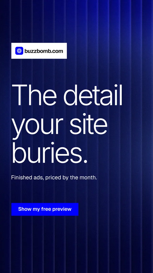 Instagram story for BuzzBomb: "The detail your site buries." Swiss style, announce layout, dark palette in black, blue, grey.