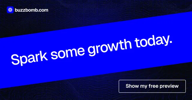 Social ad for BuzzBomb: "Spark some growth today." Phosphor atlas style, diagonal layout, dark palette in black, blue.