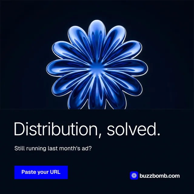 Instagram post for BuzzBomb: "Distribution, solved." Swiss style, bottom layout, dark palette in black, blue.