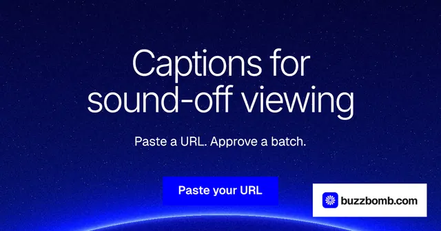 Social ad for BuzzBomb: "Captions for sound-off viewing". Swiss style, centred layout, dark palette in blue.