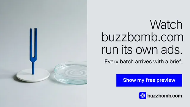 Landscape graphic for BuzzBomb: "Watch buzzbomb.com run its own ads." Swiss style, right layout, light palette in white, grey, blue.