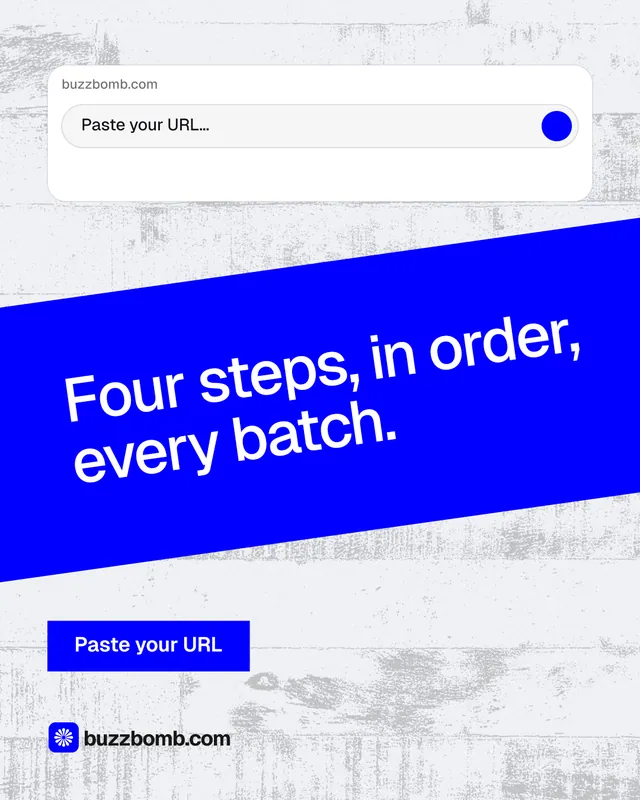 Instagram portrait post for BuzzBomb: "Four steps, in order, every batch." Swiss style, diagonal layout, light palette in blue, white.