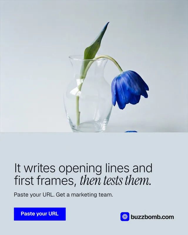 Instagram portrait post for BuzzBomb: "It writes opening lines and first frames, then tests them." Swiss style, bottom layout, light palette in blue, white.