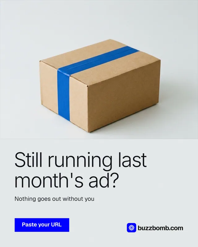 Instagram portrait post for BuzzBomb: "Still running last month's ad?" Swiss style, bottom layout, light palette in white, grey.