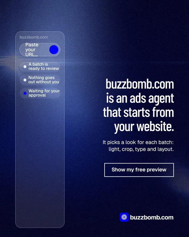 Instagram portrait post for BuzzBomb: "buzzbomb.com is an ads agent that starts from your website." Dark deco style, right layout, dark palette in black, blue.