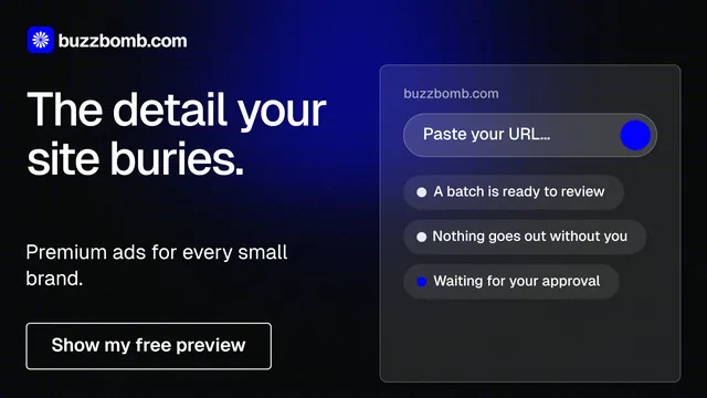 Landscape graphic for BuzzBomb: "The detail your site buries." Phosphor atlas style, bottom layout, dark palette in black, blue, grey.