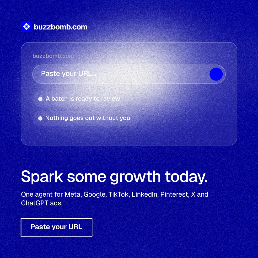 Instagram post for BuzzBomb: "Spark some growth today." Cyanotype style, bottom layout, dark palette in blue.