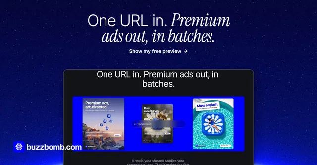 Social ad for BuzzBomb: "One URL in. Premium ads out, in batches." Swiss style, ogui layout, dark palette in blue.