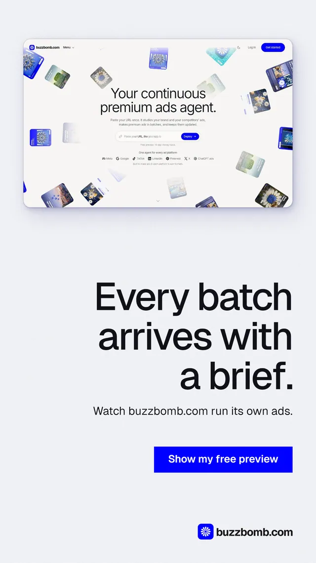 Instagram story for BuzzBomb: "Every batch arrives with a brief." Swiss style, right layout, light palette in white, blue.