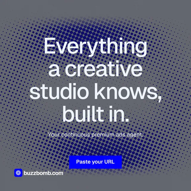 Instagram post for BuzzBomb: "Everything a creative studio knows, built in." Swiss style, centred layout, dark palette in grey, blue.