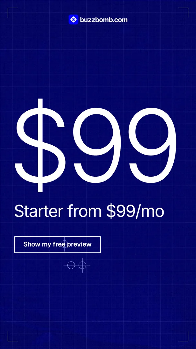 Instagram story for BuzzBomb: "Built to make ads in each platform's own formats." Blueprint style, stat layout, dark palette in blue.