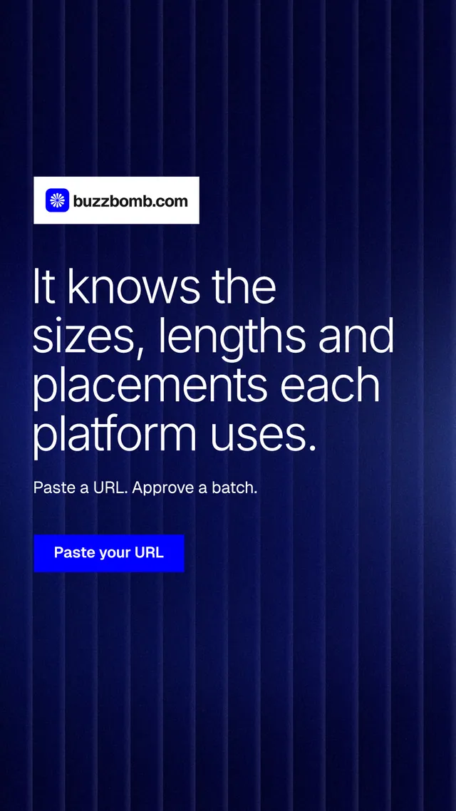 Instagram story for BuzzBomb: "It knows the sizes, lengths and placements each platform uses." Swiss style, announce layout, dark palette in black, blue.