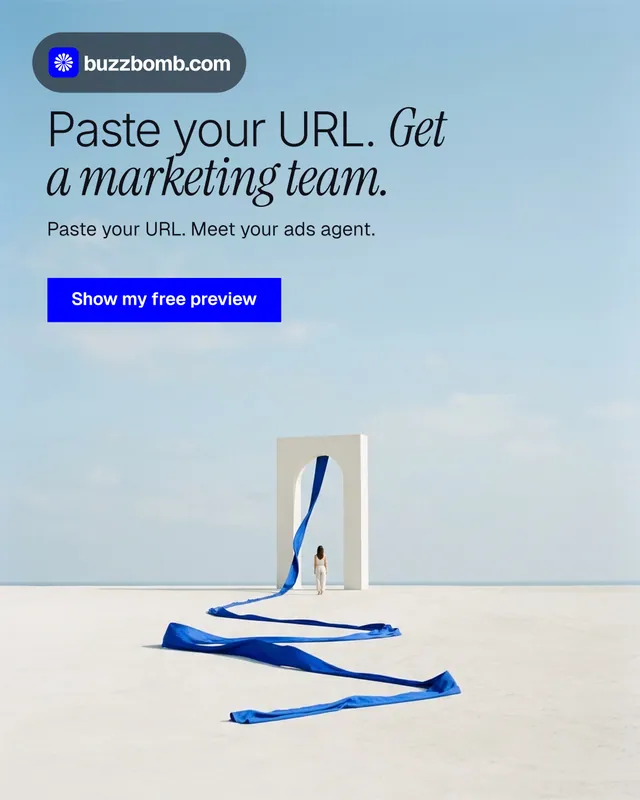 Instagram portrait post for BuzzBomb: "Paste your URL. Get a marketing team." Swiss style, bottom layout, light palette in blue, white.