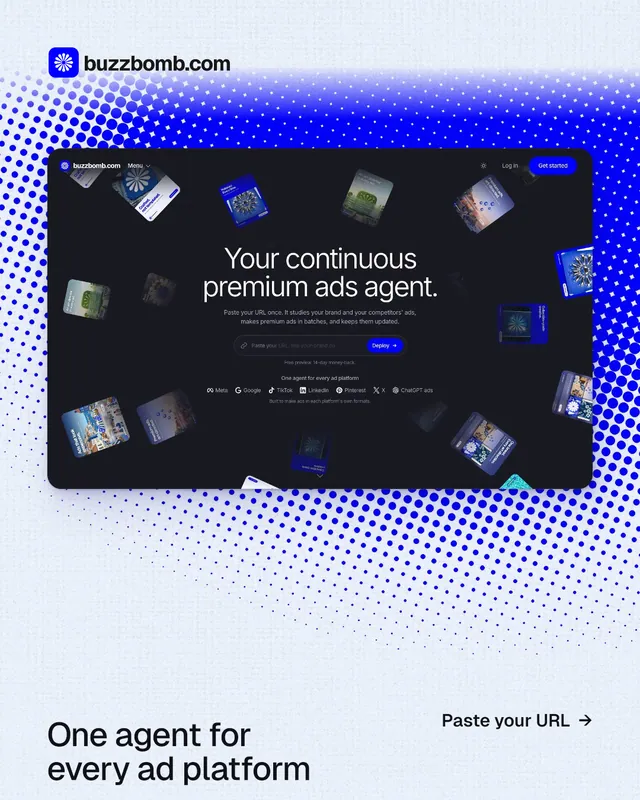 Instagram portrait post for BuzzBomb: "One agent for every ad platform". Swiss style, image led layout, light palette in white, blue.