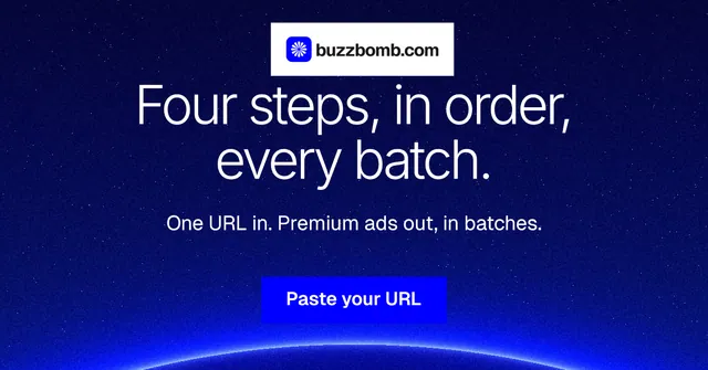 Social ad for BuzzBomb: "Four steps, in order, every batch." Swiss style, centred layout, dark palette in blue.