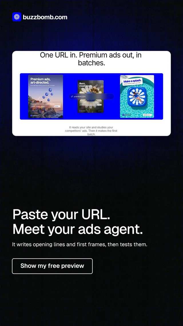 Instagram story for BuzzBomb: "Paste your URL. Meet your ads agent." Phosphor atlas style, bottom layout, dark palette in black, grey, blue.