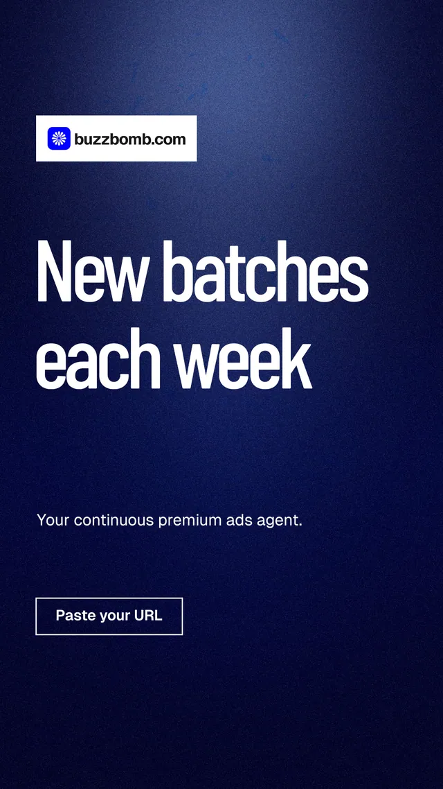 Instagram story for BuzzBomb: "New batches each week". Dark deco style, announce layout, dark palette in blue, black.