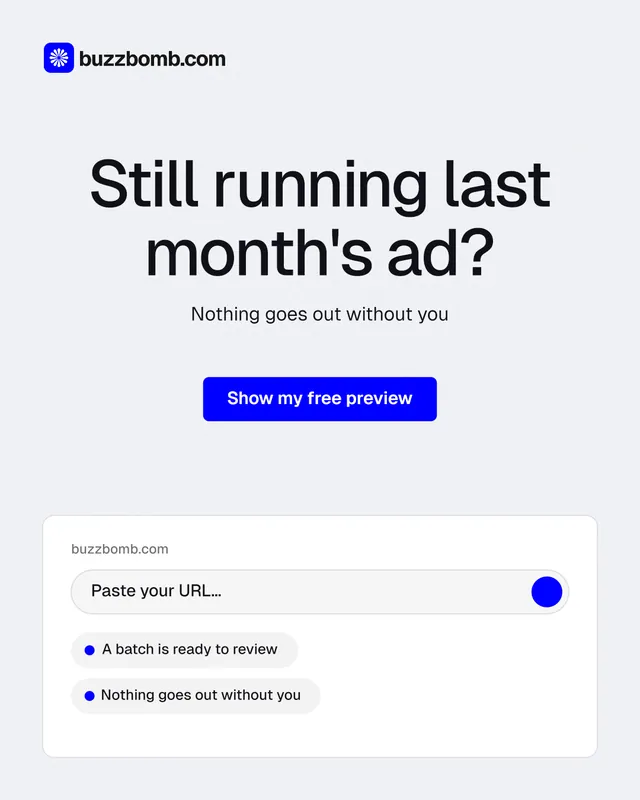 Instagram portrait post for BuzzBomb: "Still running last month's ad?" Data card style, centred layout, light palette in white, blue.