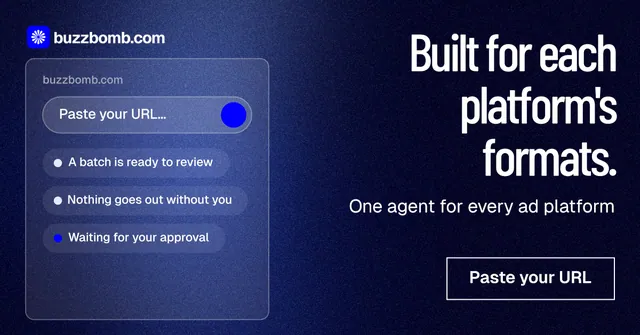 Social ad for BuzzBomb: "Built for each platform's formats." Dark deco style, right layout, dark palette in black, blue, grey.