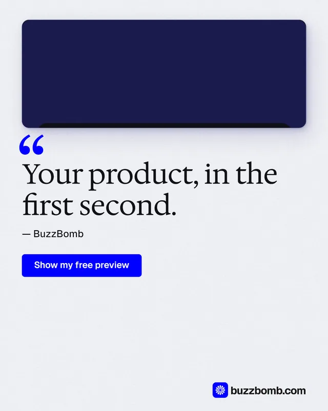 Instagram portrait post for BuzzBomb: "Your product, in the first second." Data card style, quote layout, light palette in white, blue, grey.