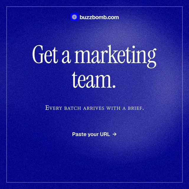 Instagram post for BuzzBomb: "Get a marketing team." Editorial style, smallcaps layout, dark palette in blue.
